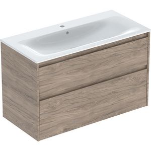 set meubelwastafel smalle rand met onderkast 2x la: 100x62.1x48cm Breedte wastafel=100cm Wastafel: wit / KeraTect Corpus Front: walnoot hickory / Melamine houtstructuur