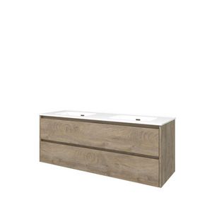 Set Proline porselein Elegant dubb. wastafel wit zonder kraangat onderkast symmetrisch raw oak 140x46cm