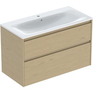 set meubelwastafel smalle rand met onderkast 2x la: 100x62.1x48cm Breedte wastafel=100cm Wastafel: wit / KeraTect Corpus Front: eik naturel / Melamine houtstructuur