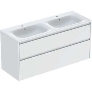 set dubbele meubelwastafel smalle rand met onderkast 2x la: 130x62.1x48cm Breedte wastafel=130cm Wastafel: wit / KeraTect Corpus Front: wit / gelakt zijdemat