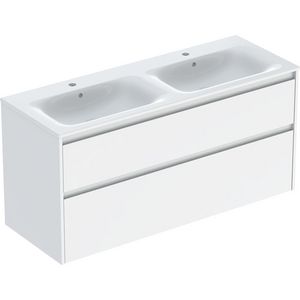 set dubbele meubelwastafel smalle rand met onderkast 2x la: 130x62.1x48cm Breedte wastafel=130cm Wastafel: wit / KeraTect Corpus Front: wit / gelakt zijdeglans