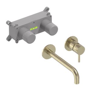 Wandmengkraanset STILO  geborsteld mat goud PVD incl. inbouwbox (mengdeel rechts/ uitloop links) MAY