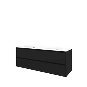 Set Proline porselein Elegant dubb. wastafel wit met 2 kraangaten onderkast symmetrisch mat zwart 140x46cm