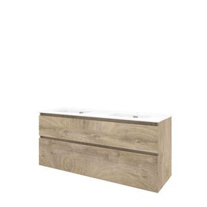 Set Proline porselein Elegant dubb. wastafel wit met 2 kraangaten onderkast asymmetrisch raw oak 140x46cm
