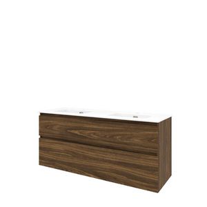 Set Proline porselein Elegant dubb. wastafel wit met 2 kraangaten onderkast asymmetrisch cabana oak 140x46cm