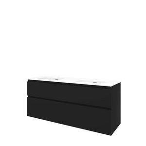 Set Proline porselein Elegant dubb. wastafel wit met 2 kraangaten onderkast asymmetrisch mat zwart 140x46cm