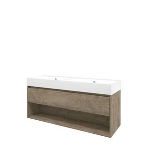 Set Proline porselein Loft dubb. wastafel wit zonder kraangat onderkast 1x lade+schap raw oak 140x46cm