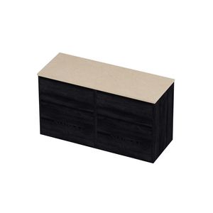 Deck Set Top afdekplaat hardsteen en onderkast greeploos 4 laden a-symmetrisch in kader 1200x460x670mm Sand stone/Black oak