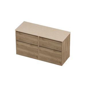 Deck Set Top afdekplaat hardsteen en onderkast greeploos 4 laden a-symmetrisch in kader 1200x460x670mm Sand stone/Cider oak