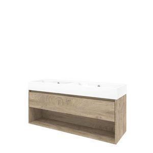 Set Proline porselein Loft dubb. wastafel wit met 2 kraangaten onderkast 1x lade+schap raw oak 140x46cm