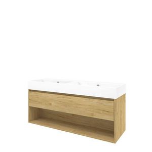 Set Proline porselein Loft dubb. wastafel wit met 2 kraangaten onderkast 1x lade+schap ideal oak 140x46cm
