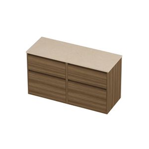 Deck Set Top afdekplaat hardsteen en onderkast greeploos 4 laden a-symmetrisch in kader 1200x460x670mm Sand stone/Caramel walnut