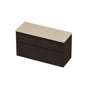 Deck Set Top afdekplaat hardsteen en onderkast greeploos 4 laden a-symmetrisch in kader 1200x460x670mm Sand stone/Mokka oak