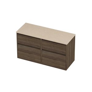 Deck Set Top afdekplaat hardsteen en onderkast greeploos 4 laden a-symmetrisch in kader 1200x460x670mm Sand stone/Vital oak