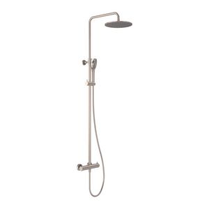 Douchecombinatie Showerpipe thermostatisch hoh 150mm incl. hoofddouche 25cm + handdouce 3-straalsoorten  geborsteld  nickel PVD MAY