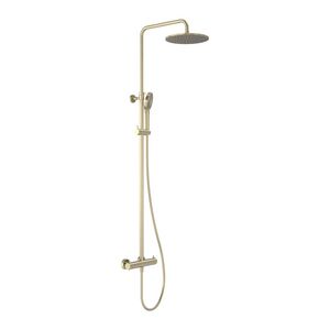 Douchecombinatie Showerpipe thermostatisch hoh 150mm incl. hoofddouche 25cm + handdouce 3-straalsoorten  geborsteld  mat goud PVD MAY