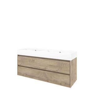 Set Proline porselein Loft dubb. wastafel wit met 2 kraangaten onderkast symmetrisch raw oak 140x46cm