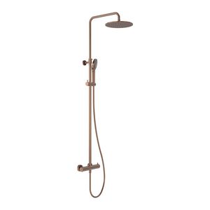 Douchecombinatie Showerpipe thermostatisch hoh 150mm incl. hoofddouche 25cm + handdouce 3-straalsoorten  geborsteld  mat koper PVD MAY