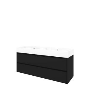 Set Proline porselein Loft dubb. wastafel wit met 2 kraangaten onderkast symmetrisch mat zwart 140x46cm