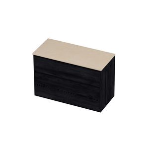 Deck Set Top afdekplaat hardsteen en onderkast greeploos 2 laden a-symmetrisch in kader 1000x460x670mm Sand stone/Black oak