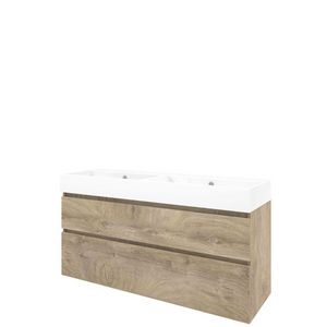 Set Proline porselein Loft dubb. wastafel wit zonder kraangat onderkast asymmetrisch raw oak 140x46cm