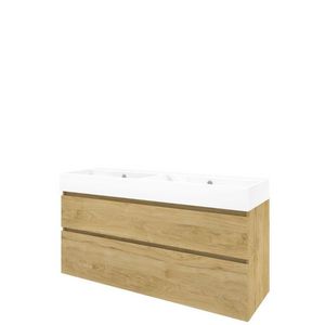 Set Proline porselein Loft dubb. wastafel wit zonder kraangat onderkast asymmetrisch ideal oak 140x46cm