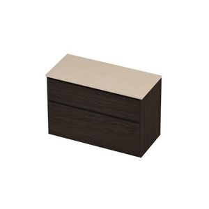 Deck Set Top afdekplaat hardsteen en onderkast greeploos 2 laden a-symmetrisch in kader 1000x460x670mm Sand stone/Mokka oak