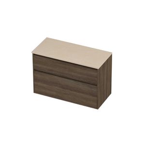 Deck Set Top afdekplaat hardsteen en onderkast greeploos 2 laden a-symmetrisch in kader 1000x460x670mm Sand stone/Vital oak