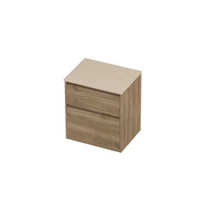 Deck Set Top afdekplaat hardsteen en onderkast greeploos 2 laden a-symmetrisch in kader 600x460x670mm Sand stone/Cider oak