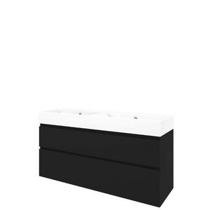 Set Proline porselein Loft dubb. wastafel wit met 2 kraangaten onderkast asymmetrisch mat zwart 140x46cm