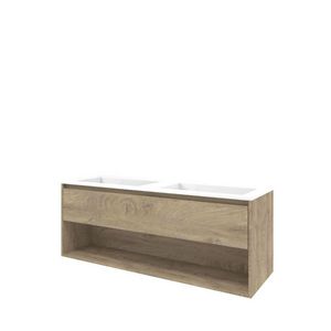 Set Proline polystone Elegant dubb. wastafel glans wit zonder kraangat onderkast 1x lade+schap raw oak 140x46cm