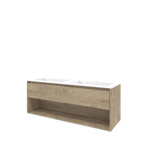 Set Proline polystone Elegant dubb. wastafel glans wit met 2 kraangaten onderkast 1x lade+schap raw oak 140x46cm