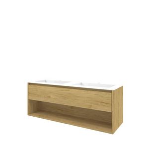 Set Proline polystone Elegant dubb. wastafel glans wit met 2 kraangaten onderkast 1x lade+schap ideal oak 140x46cm
