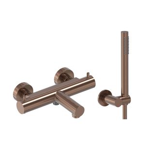 Badthermostaat hoh 150mm + handdoucheset  (staafdouche, doucheslang 1250mm, verstelb. douchehouder ) geborsteld  mat koper PVD MAY