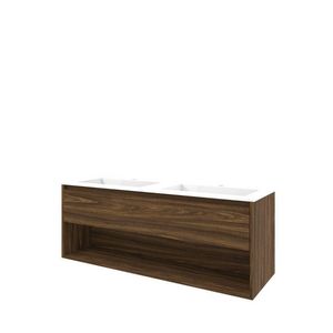 Set Proline polystone Elegant dubb. wastafel glans wit met 2 kraangaten onderkast 1x lade+schap cabana oak 140x46cm