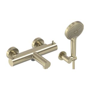 Badthermostaat hoh 150mm + handdoucheset (staafdouche, doucheslang 1250mm, verstelb. douchehouder ) geborsteld  mat goud PVD MAY