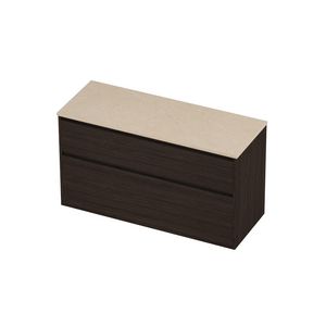 Deck Set Top afdekplaat hardsteen en onderkast greeploos 2 laden a-symmetrisch in kader 1200x460x670mm Sand stone/Mokka oak