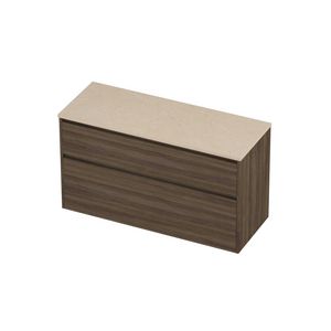 Deck Set Top afdekplaat hardsteen en onderkast greeploos 2 laden a-symmetrisch in kader 1200x460x670mm Sand stone/Vital oak