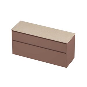 Deck Set Top afdekplaat hardsteen en onderkast greeploos 2 laden a-symmetrisch in kader 1400x460x670mm Sand stone/Beauty blush