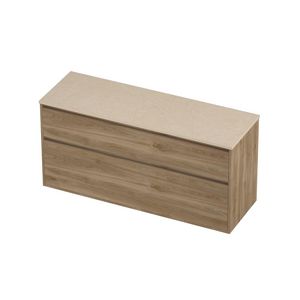 Deck Set Top afdekplaat hardsteen en onderkast greeploos 2 laden a-symmetrisch in kader 1400x460x670mm Sand stone/Cider oak