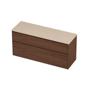 Deck Set Top afdekplaat hardsteen en onderkast greeploos 2 laden a-symmetrisch in kader 1400x460x670mm Sand stone/Indian walnut