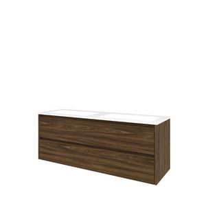 Set Proline polystone Elegant dubb. wastafel glans wit met 2 kraangaten onderkast symmetrisch cabana oak 140x46cm