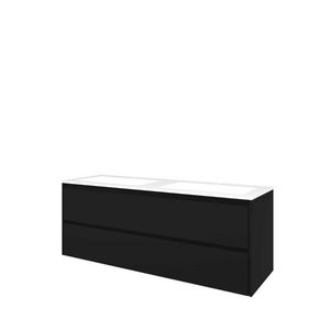 Set Proline polystone Elegant dubb. wastafel glans wit met 2 kraangaten onderkast symmetrisch mat zwart 140x46cm