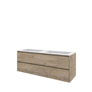 Set Proline polystone Elegant dubb. wastafel mat wit zonder kraangat onderkast symmetrisch raw oak 140x46cm