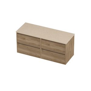 Deck Set Top afdekplaat hardsteen en onderkast greeploos 4 laden symmetrisch in kader 1200x460x540mm Sand stone/Cider oak