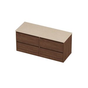 Deck Set Top afdekplaat hardsteen en onderkast greeploos 4 laden symmetrisch in kader 1200x460x540mm Sand stone/Indian walnut