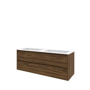 Set Proline polystone Elegant dubb. wastafel mat wit met 2 kraangaten onderkast symmetrisch cabana oak 140x46cm