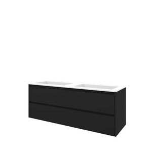 Set Proline polystone Elegant dubb. wastafel mat wit met 2 kraangaten onderkast symmetrisch mat zwart 140x46cm