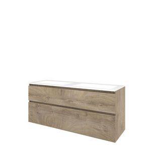 Set Proline polystone Elegant dubb. wastafel glans wit zonder kraangat onderkast asymmetrisch raw oak 140x46cm
