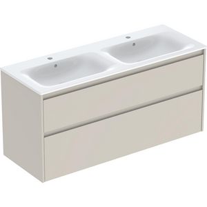 set dubbele meubelwastafel smalle rand met onderkast 2x la: 130x62.1x48cm Breedte wastafel=130cm Wastafel: wit / KeraTect Corpus Front: zandgrijs / gelakt zijdemat